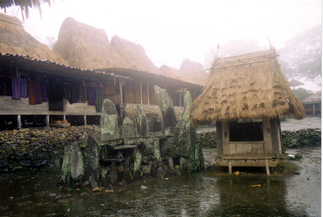 Ngadhu totem, altar and and houses, Bena village, Bajawa, Central Flores, Nusa Tenggara
